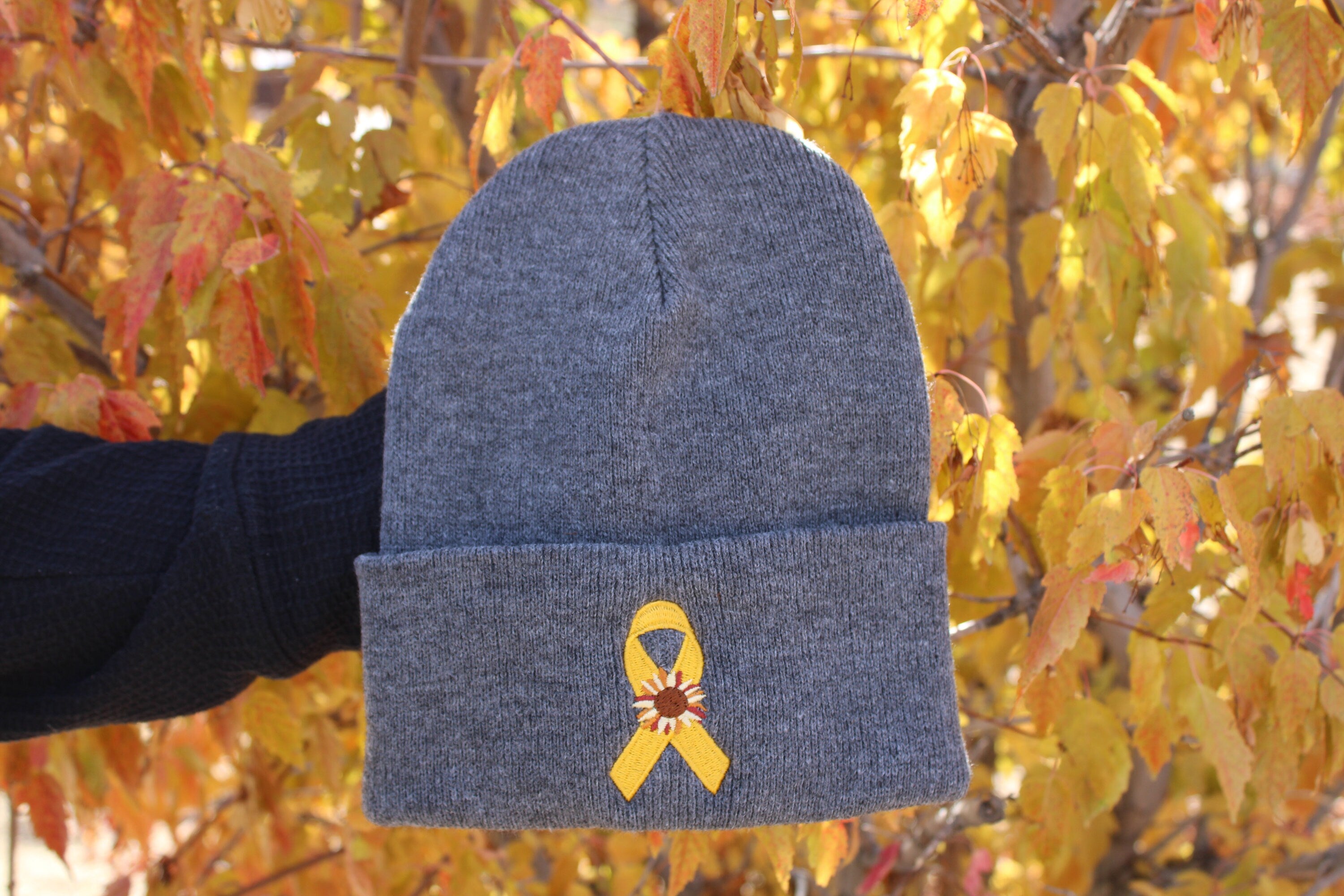 Childhood Cancer/ Sarcoma Ribbon and Sunflower - Grey Beanie