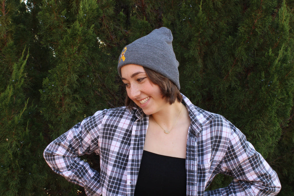 Childhood Cancer/ Sarcoma Ribbon and Sunflower - Grey Beanie