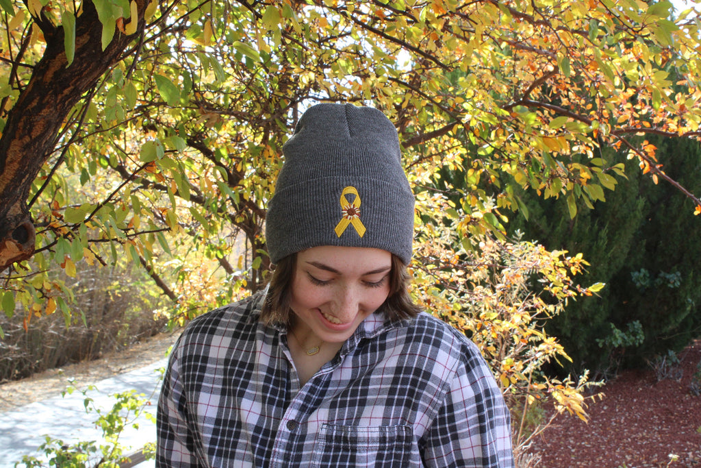 Childhood Cancer/ Sarcoma Ribbon and Sunflower - Grey Beanie