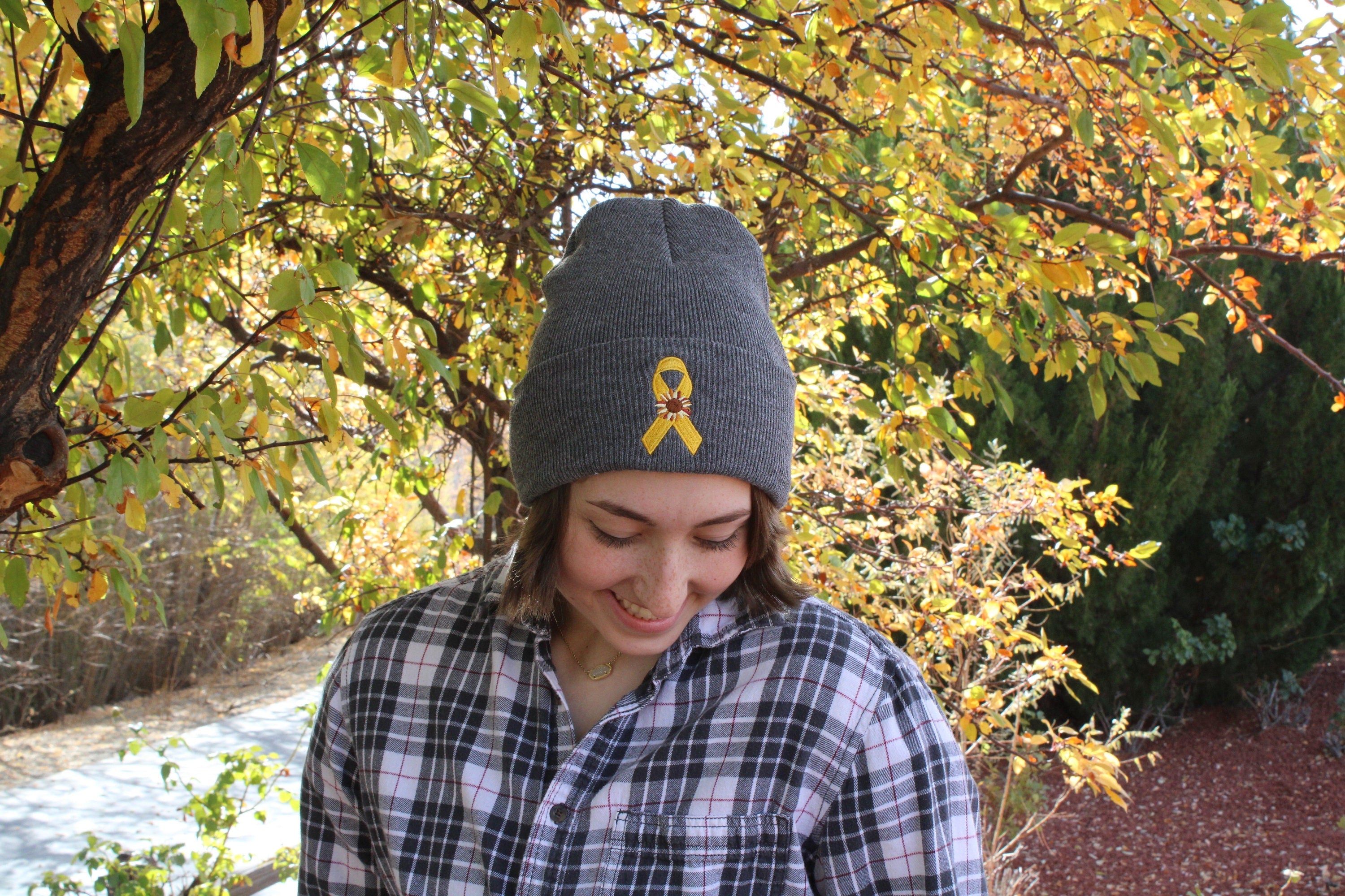 Childhood Cancer/ Sarcoma Ribbon and Sunflower - Grey Beanie