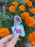 Breast Cancer Awareness Sticker: Floral Woman, Pink Ribbon