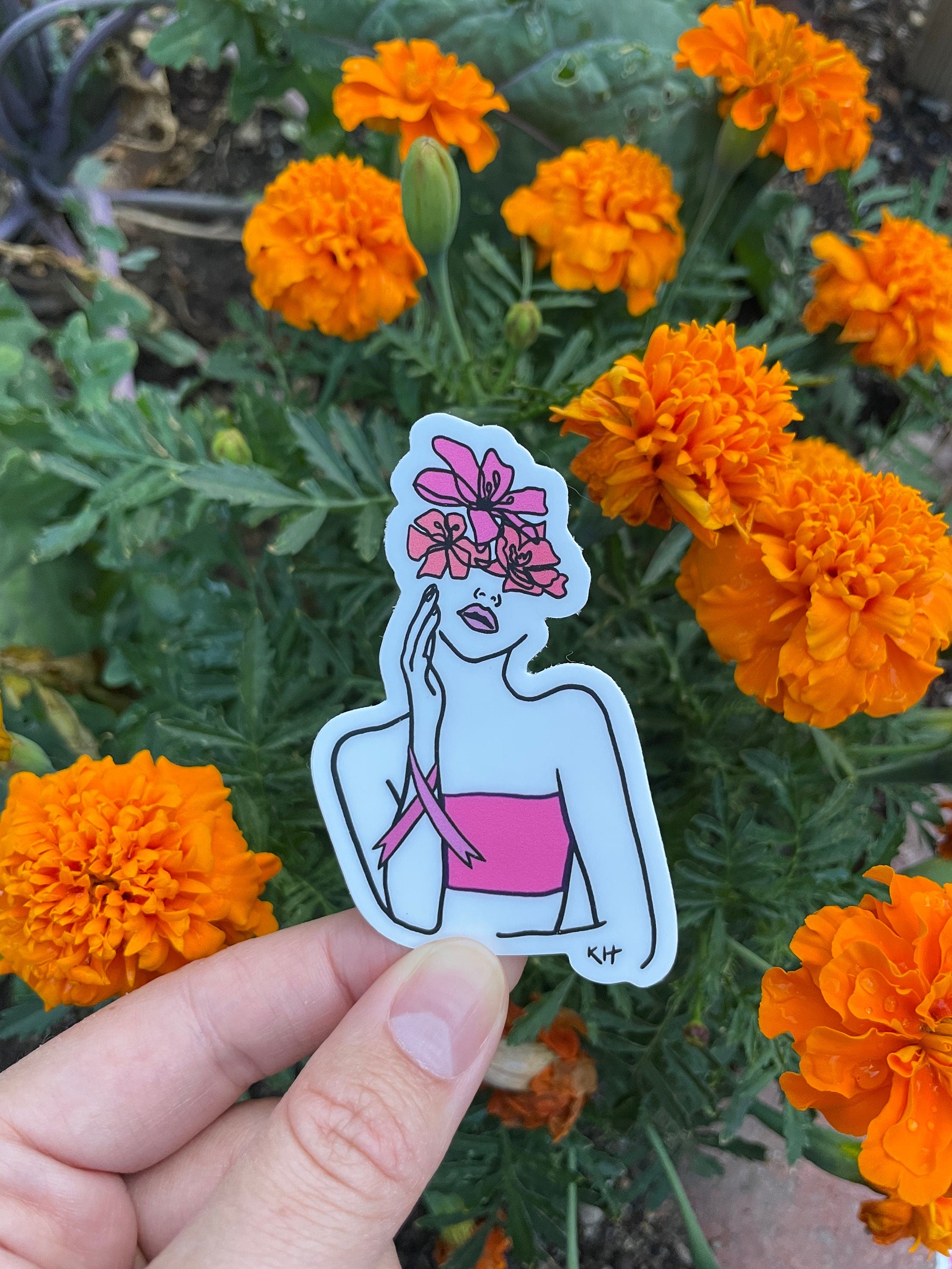 Breast Cancer Awareness Sticker: Floral Woman, Pink Ribbon