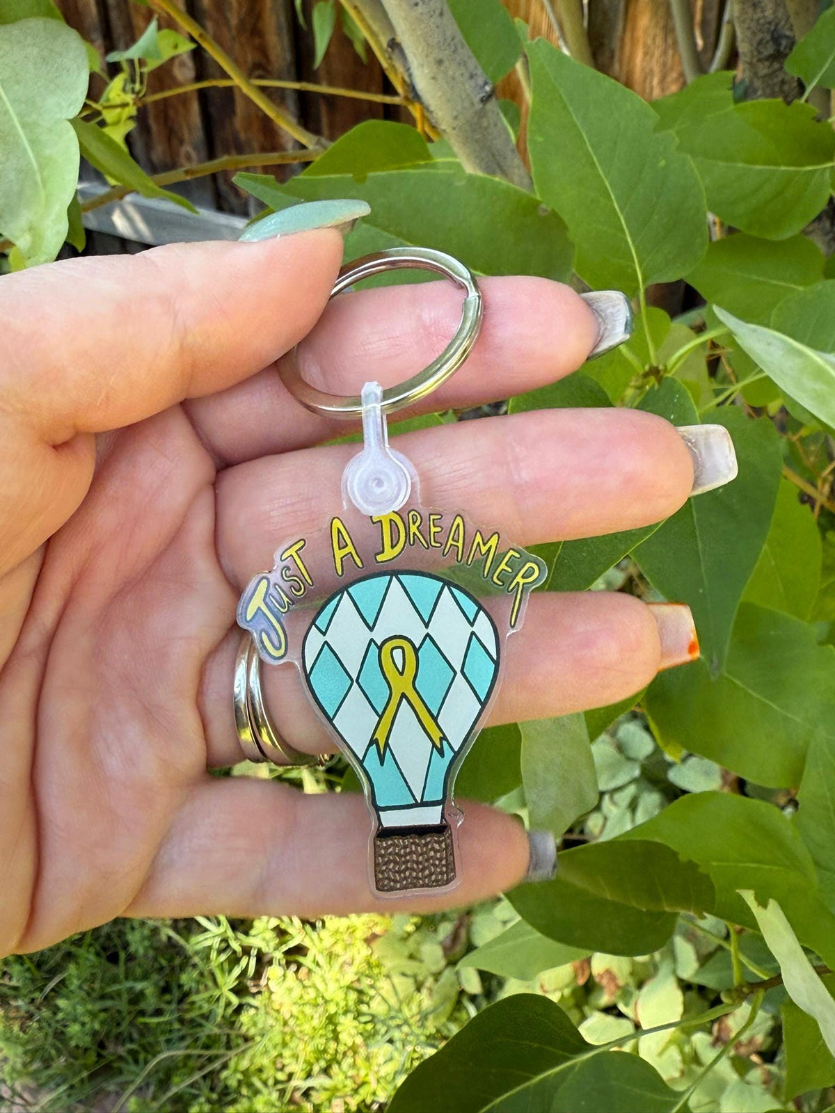 Just A Dreamer Keychain: Hot Air Balloon Design - Childhood Cancer Awareness