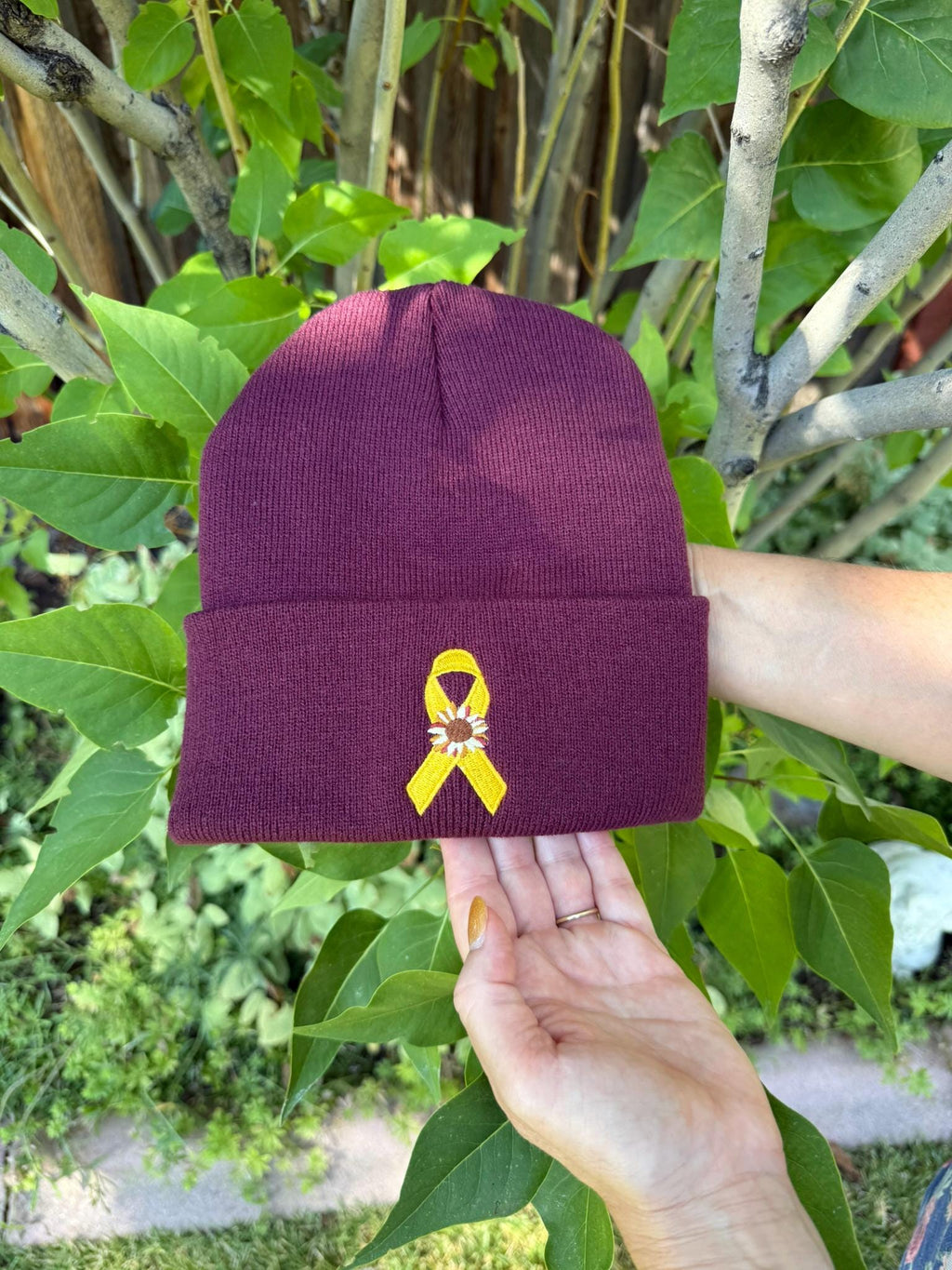 Childhood Cancer/ Sarcoma Ribbon and Sunflower - Darkish Mauve Beanie