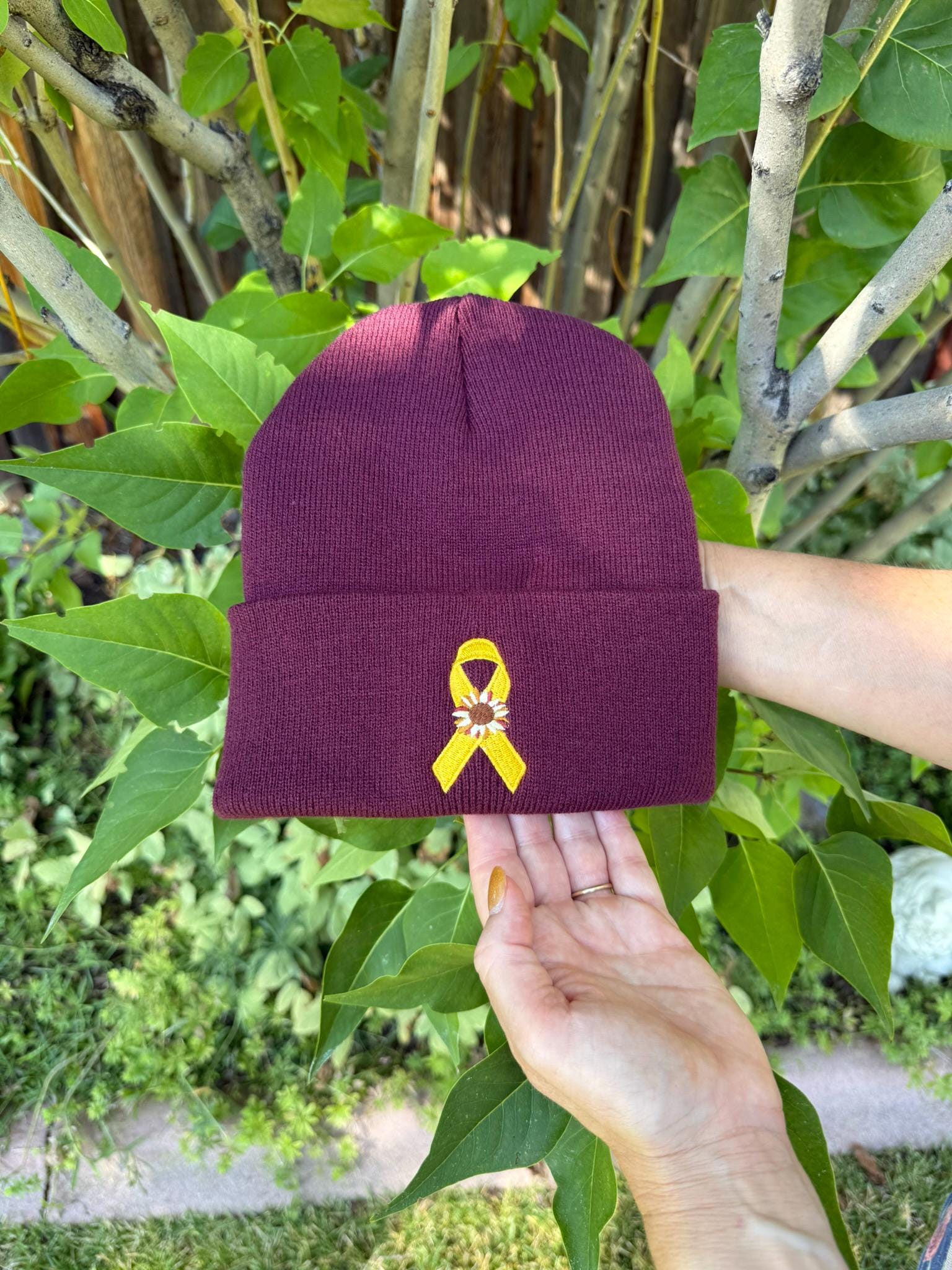 Childhood Cancer/ Sarcoma Ribbon and Sunflower - Darkish Mauve Beanie