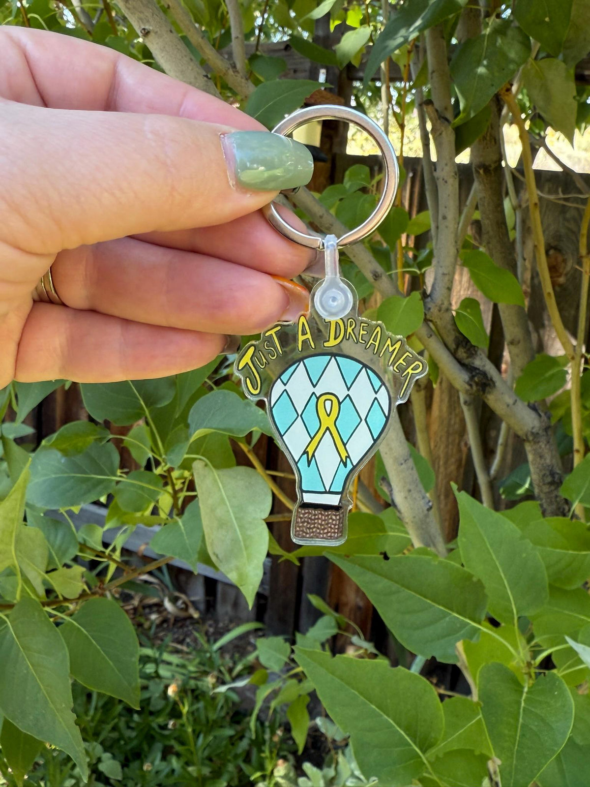 Just A Dreamer Keychain: Hot Air Balloon Design - Childhood Cancer Awareness