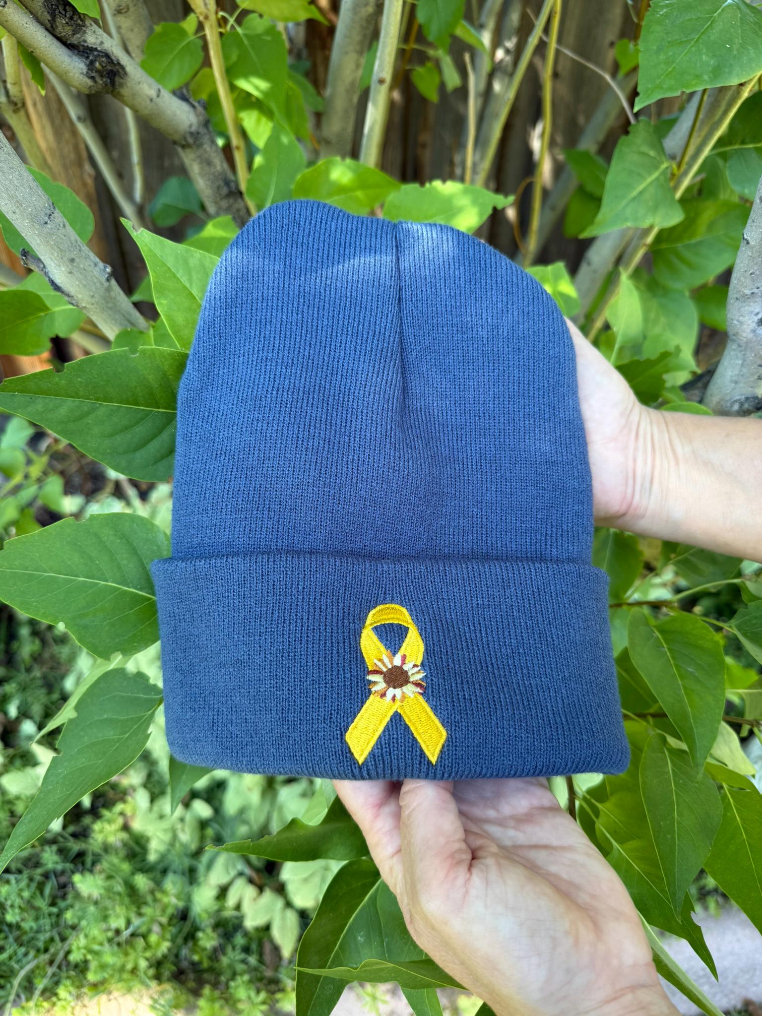 Childhood Cancer/ Sarcoma Ribbon and Sunflower - Sky Blue/royal blue  Hat/Beanie